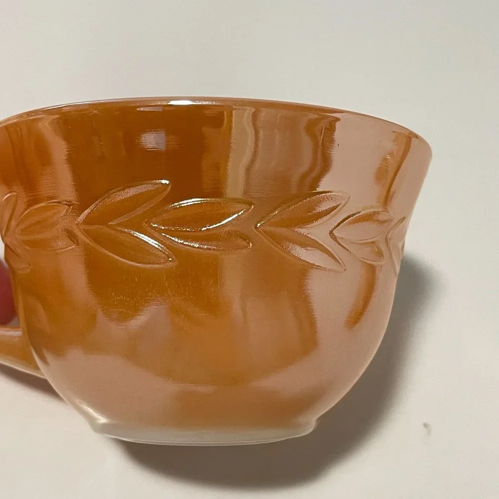 Vintage Fire King Peach Lustre Laurel Leaf Iridescent Cups and Saucers Set‎ of 5